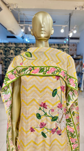 Yellow Pichwai Print Linen Silk Suit Fabric