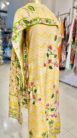Yellow Pichwai Print Linen Silk Suit Fabric