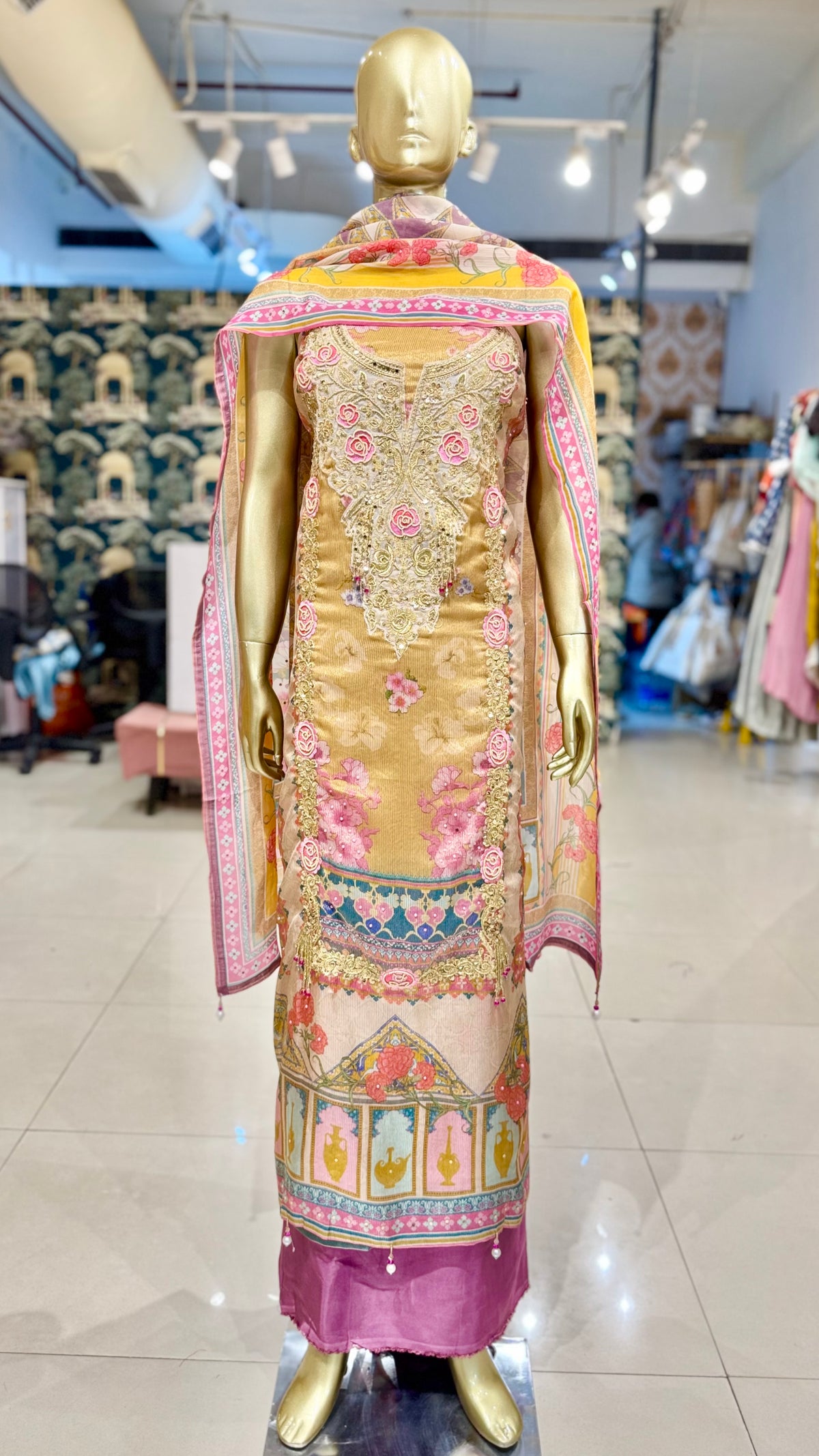 Lavender & Golden Embroidered Suit Fabric