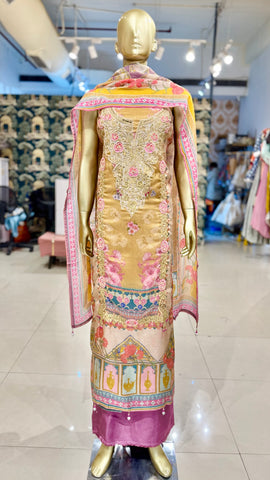 Lavender & Golden Embroidered Suit Fabric