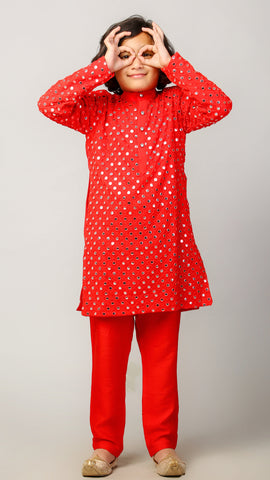 Red Mirror Embroidery Georgette Kurta Set