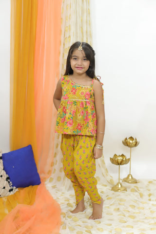 Girls Ethnic Wear, Yellow Off shoulder Tulip Pants Set