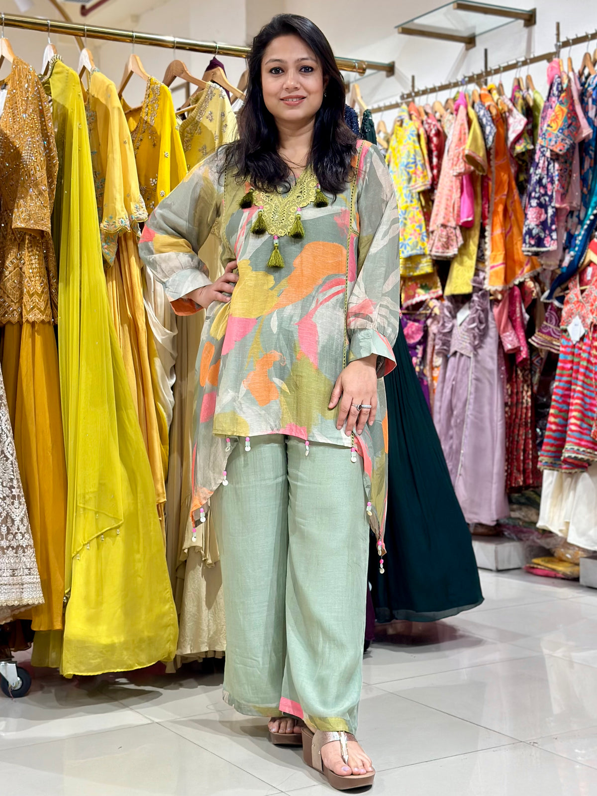 Cotton Linen Lace Work Co-ord  Set - Green