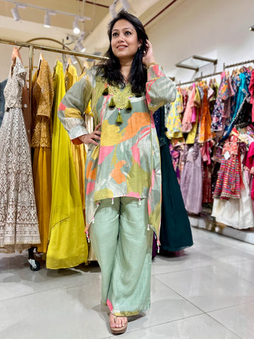 Cotton Linen Lace Work Co-ord  Set - Green
