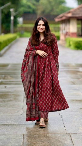 Maroon Floral Printed Cotton Suit