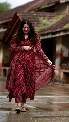Maroon Floral Printed Cotton Suit