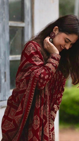 Maroon Floral Printed Cotton Suit