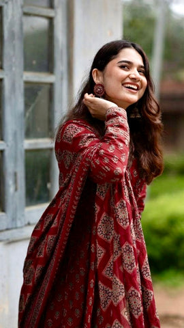 Maroon Floral Printed Cotton Suit