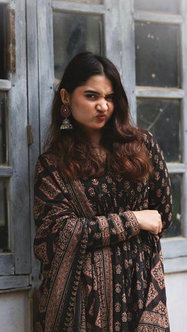 Black Floral Printed Cotton Suit