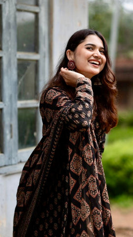 Black Floral Printed Cotton Suit