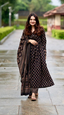 Black Floral Printed Cotton Suit