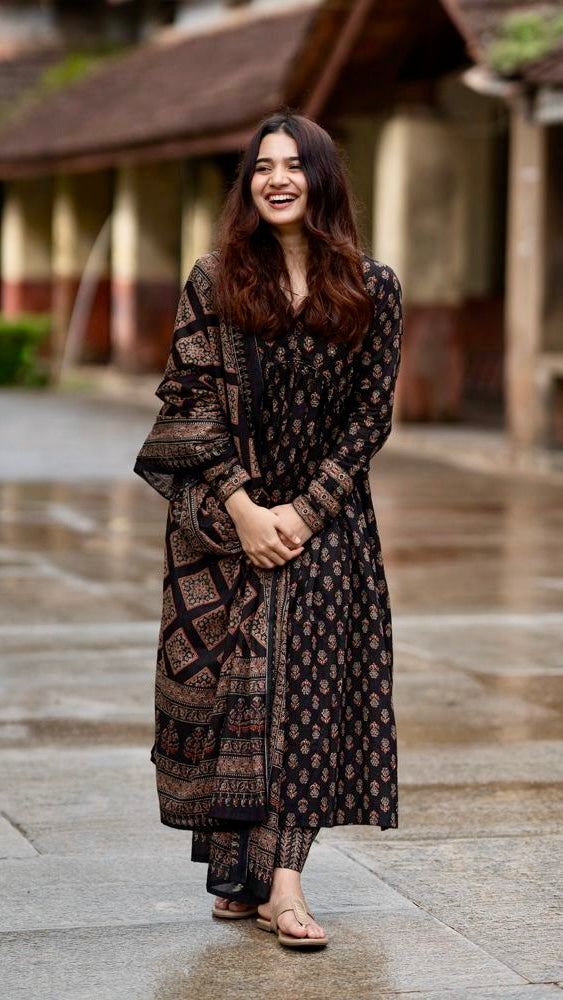 Black Floral Printed Cotton Suit