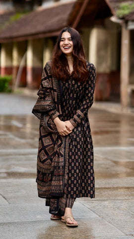 Black Floral Printed Cotton Suit