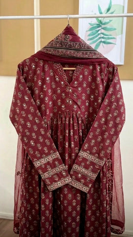 Maroon Floral Printed Cotton Suit