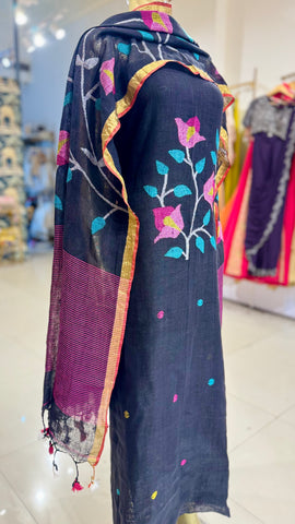 Linen Jamdani Suit Fabrics - Black