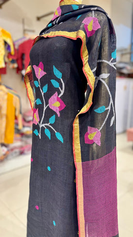 Linen Jamdani Suit Fabrics - Black