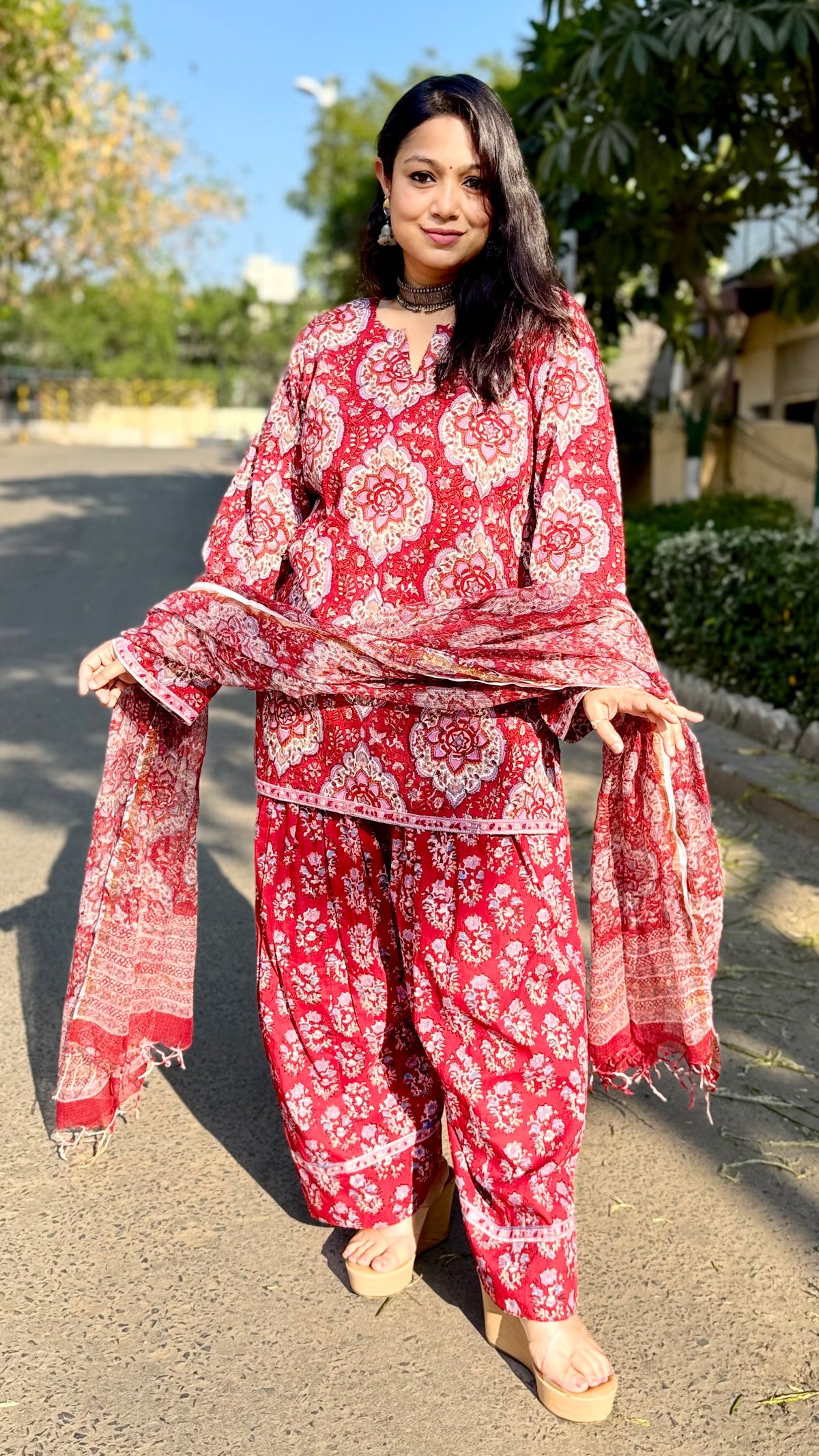 Farshi Salwar Cotton Suit with Kota Dupatta - Red