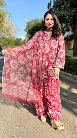 Farshi Salwar Cotton Suit with Kota Dupatta - Red