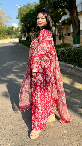 Farshi Salwar Cotton Suit with Kota Dupatta - Red