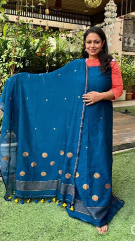 Teal Blue Mul Cotton Jamdani Suit Fabric