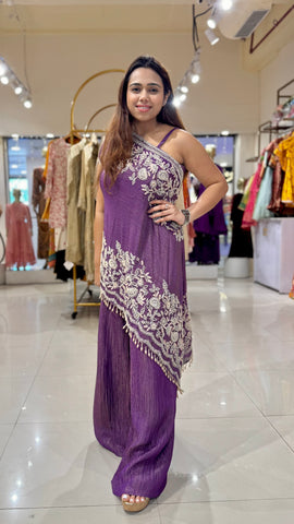 Pearl Embroidered One-Shoulder Shimmer Palazzo Set