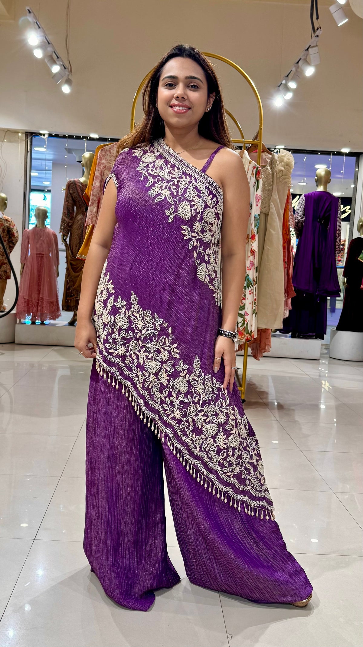 Pearl Embroidered One-Shoulder Shimmer Palazzo Set