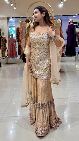 Beige Sequin Embroidered  Sharara Set