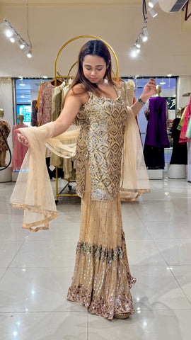 Beige Sequin Embroidered  Sharara Set