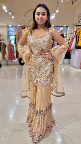 Beige Sequin Embroidered  Sharara Set