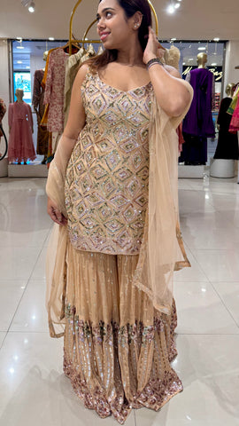 Beige Sequin Embroidered  Sharara Set