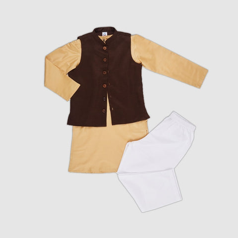 Cotton Silk Kurta Pajama with Nehru Jacket, Cream, Brown & White