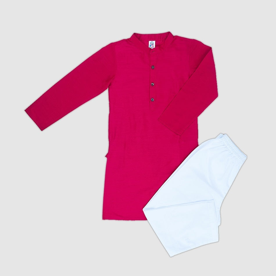 Cotton Silk Kurta Pajama Set, Dark Pink White