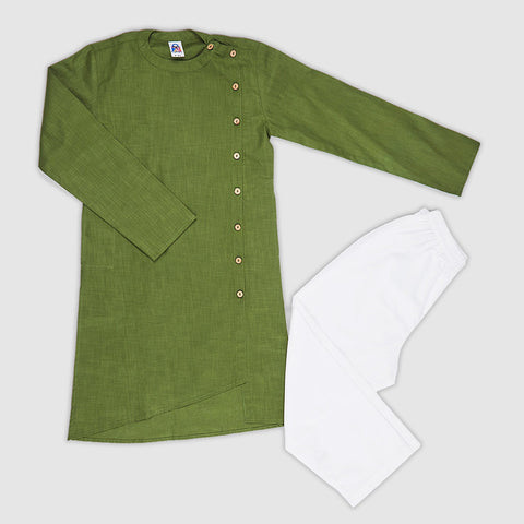 Cotton Linen Kurta Pajama Set Green, White