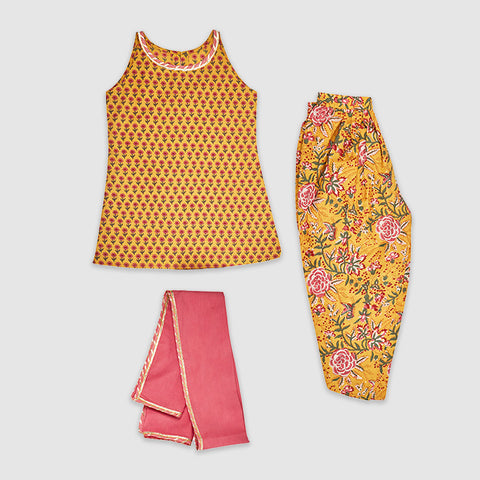 Cotton Printed Kurta with Tulip Pants and Dupatta, Yellow & Pink
