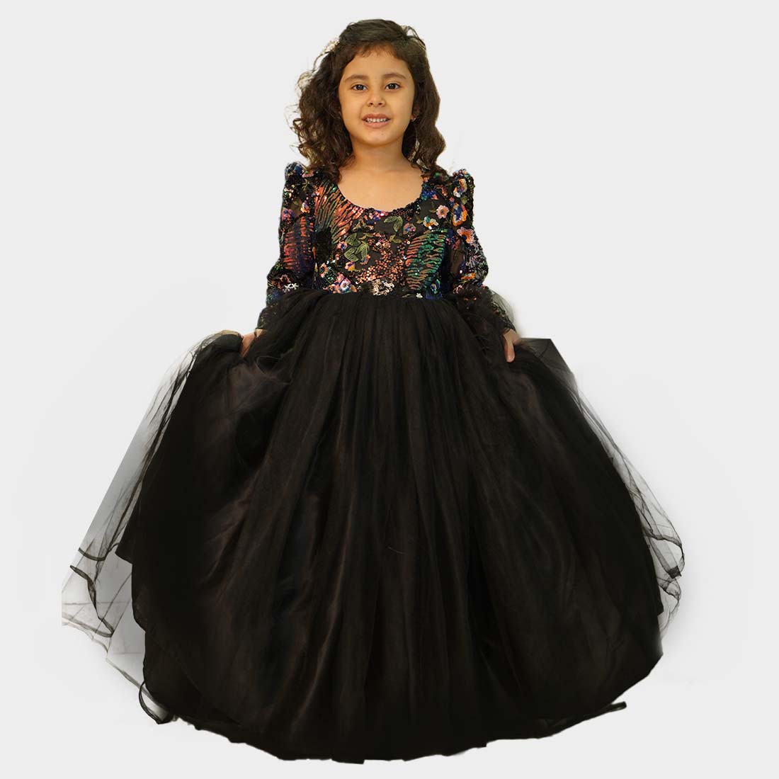 Black multicolor sequin net gown