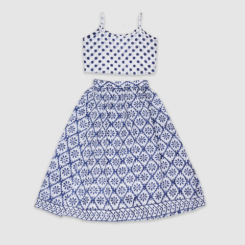 Handblock cotton Crop Top and Skirt, White and blue