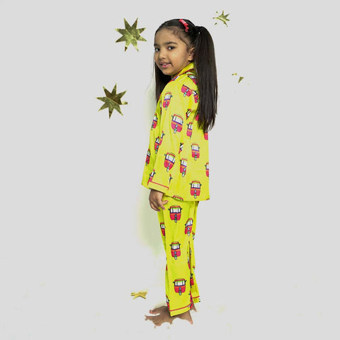 Yellow satin Bus Print Night Suit