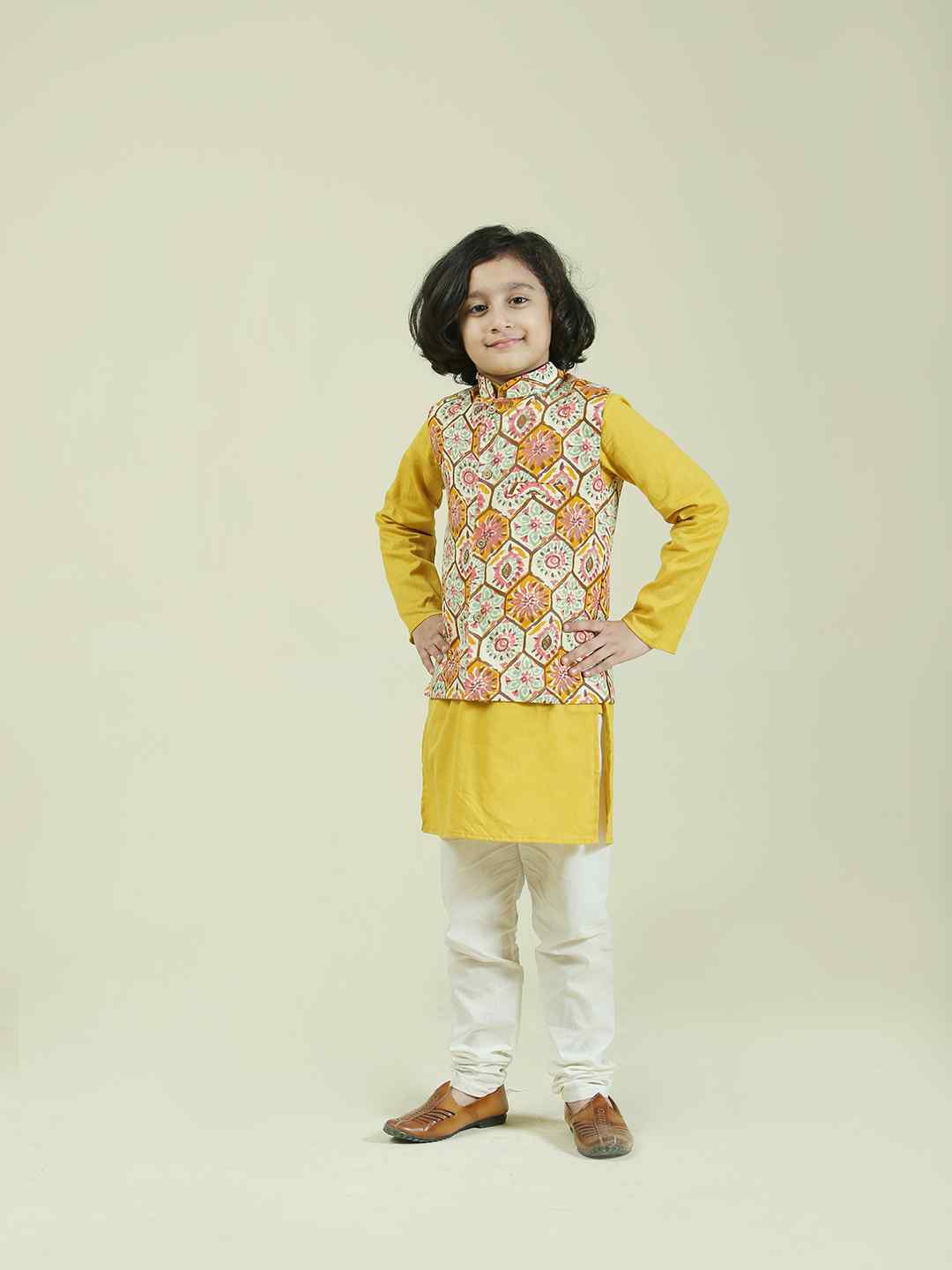 Yellow Print Cotton Nehru Jacket with Cotton Kurta Pajama Set