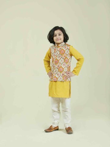 Yellow Print Cotton Nehru Jacket with Cotton Kurta Pajama Set