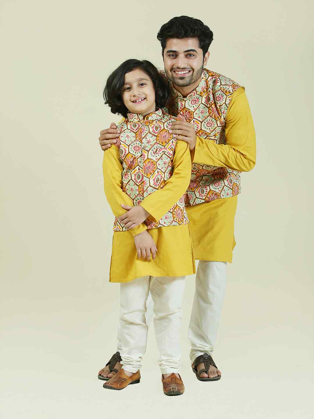 Yellow Print Cotton Nehru Jacket with Cotton Kurta Pajama Set