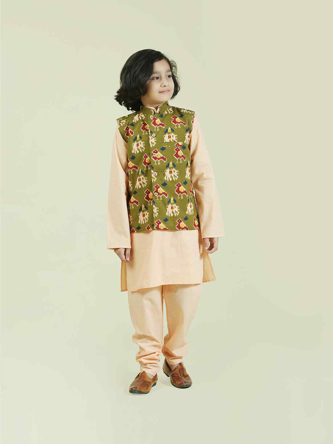Peach Cotton Kurta Pajama with Green Patola Print Nehru Jacket