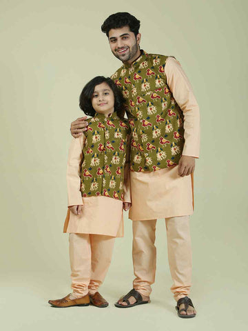 Peach Cotton Kurta Pajama with Green Patola Print Nehru Jacket