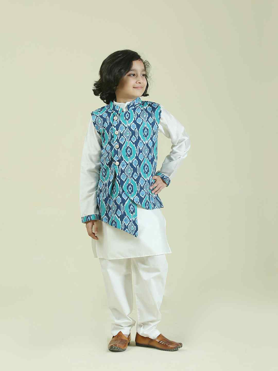 Blue Ikkat Print Cotton Nehru Jacket with Cotton Kurta Pajama Set