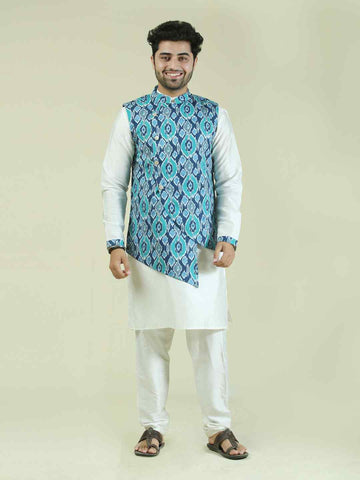 Blue Ikkat Print Cotton Nehru Jacket with Cotton Kurta Pajama Set