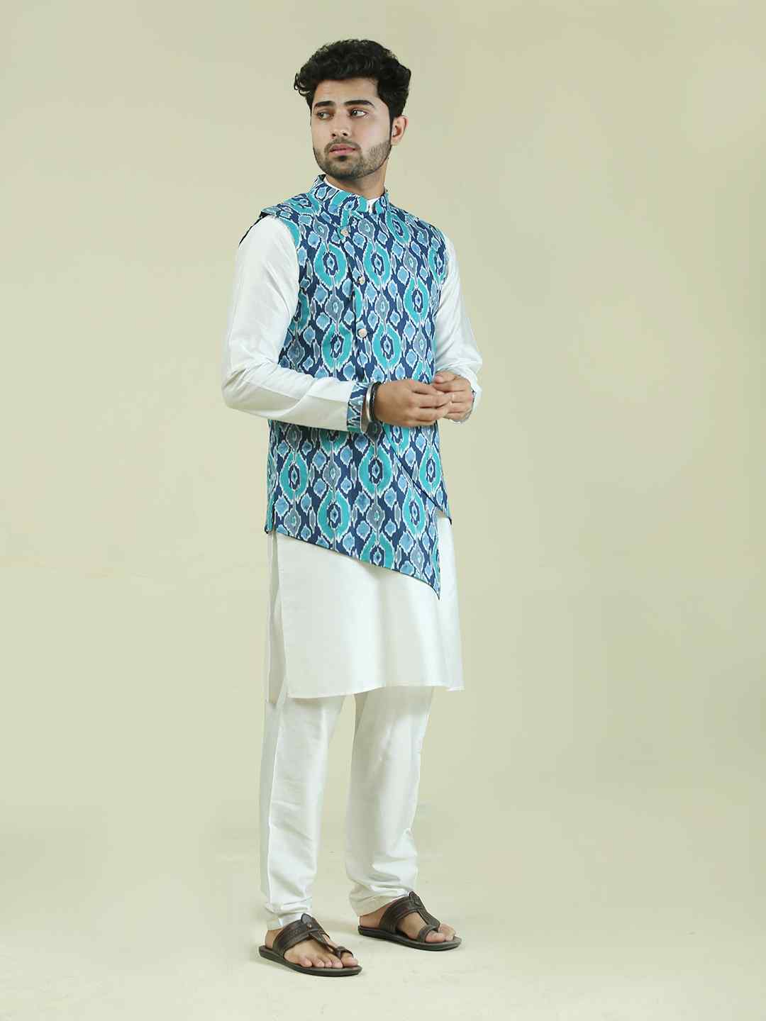 Blue Ikkat Print Cotton Nehru Jacket with Cotton Kurta Pajama Set