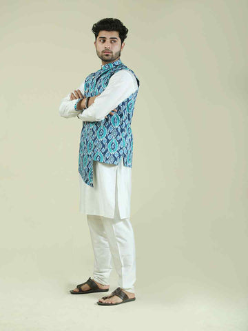 Blue Ikkat Print Cotton Nehru Jacket with Cotton Kurta Pajama Set