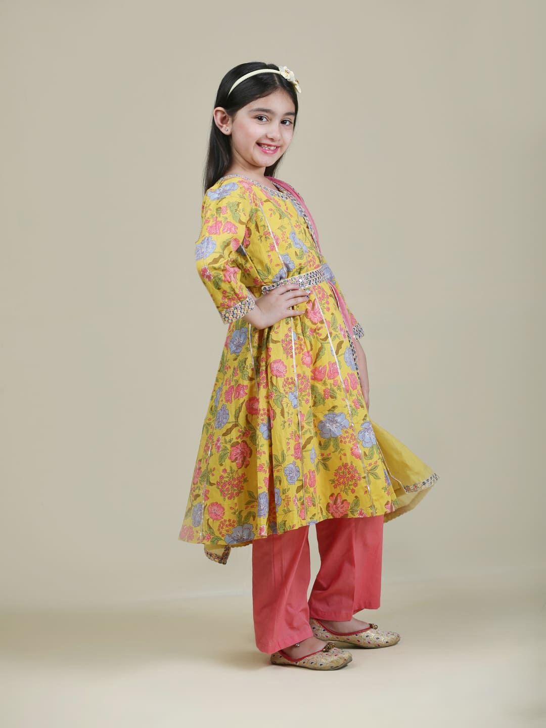Pure Cotton Floral Print Yellow Anarkali Pant Set