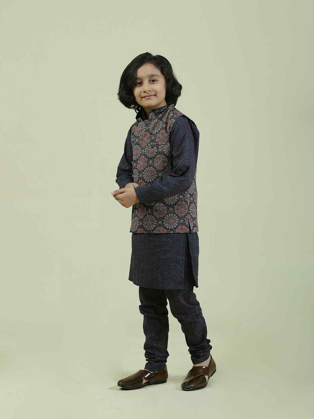 Blue Kantha Cotton Nehru Jacket with Cotton Kurta Pajama Set