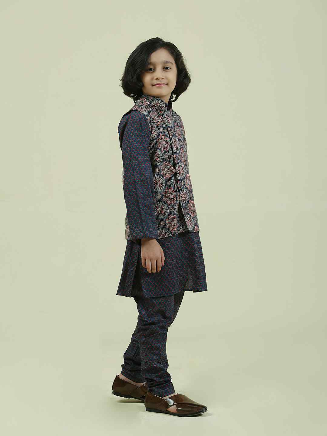 Blue Kantha Cotton Nehru Jacket with Cotton Kurta Pajama Set