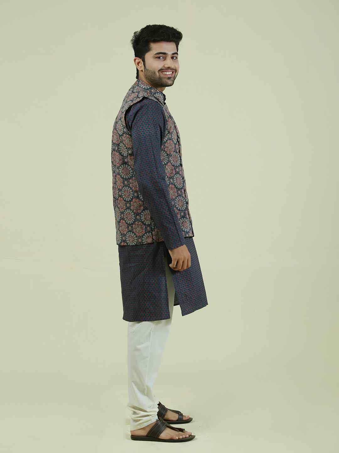 Blue Kantha Cotton Nehru Jacket with Cotton Kurta Pajama Set